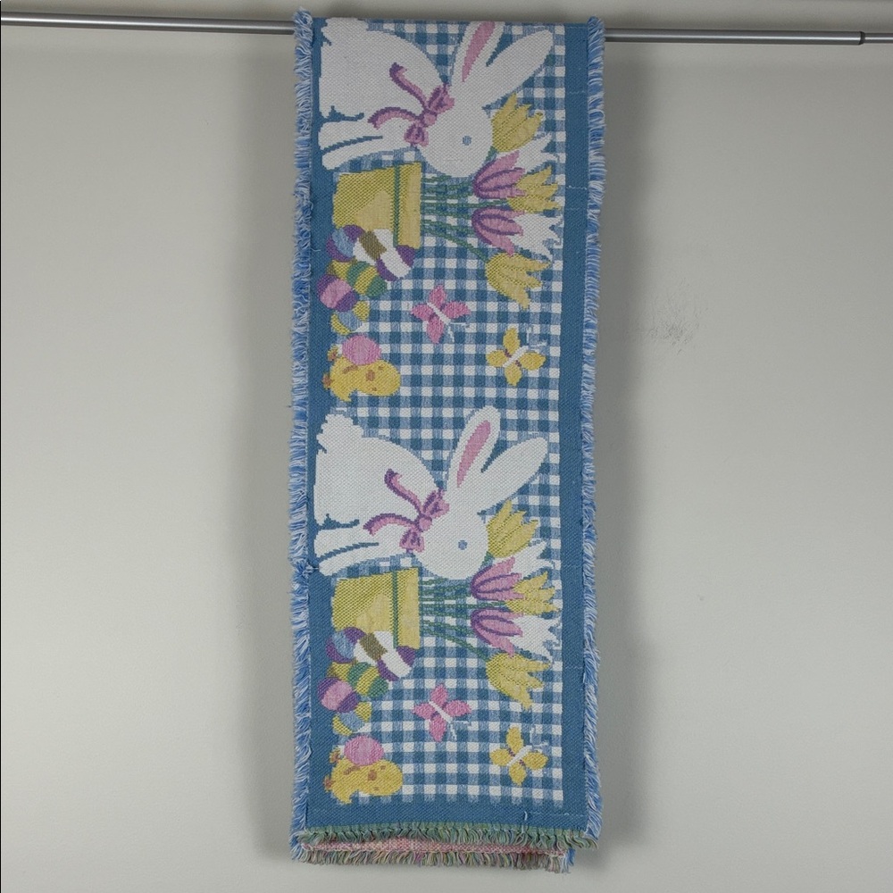 Easter Bunny Tulip Pattern Tapestry Table Runner Blue Plaid Chicks Cottagecore